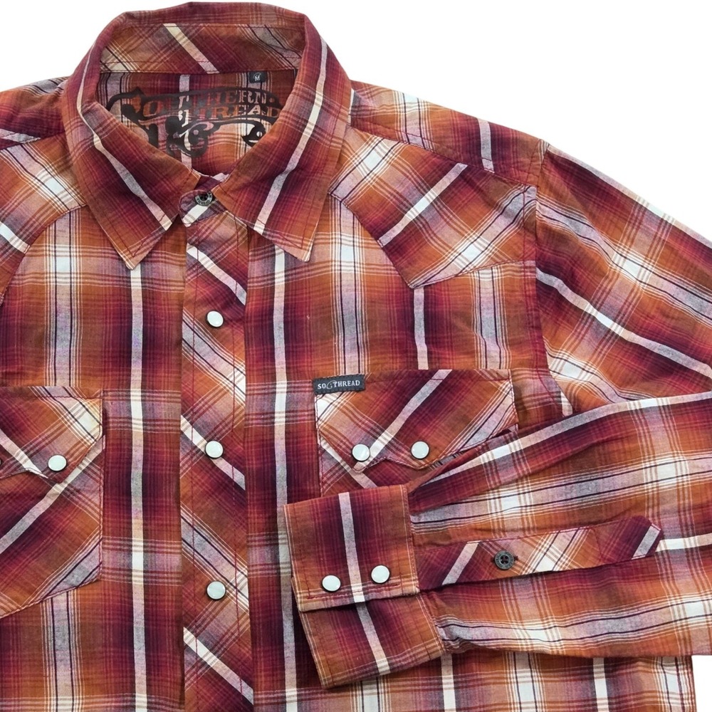 Southern Thread Plaid Western Shirt Orange Red White Cotton Mens‎ Medium